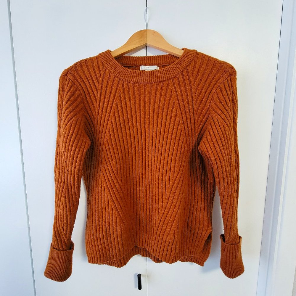 Brown Ribbed Knit Sweater w/ Cuffed Sleeves, Size Small